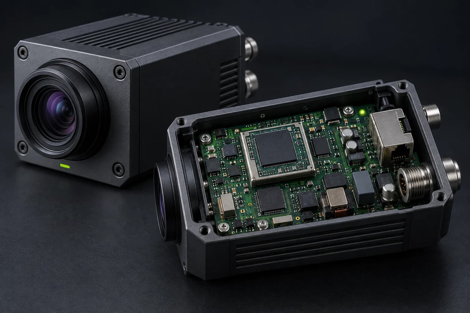 Concept electronics showing a carrier PCB, embedded compute, and industrial connectors