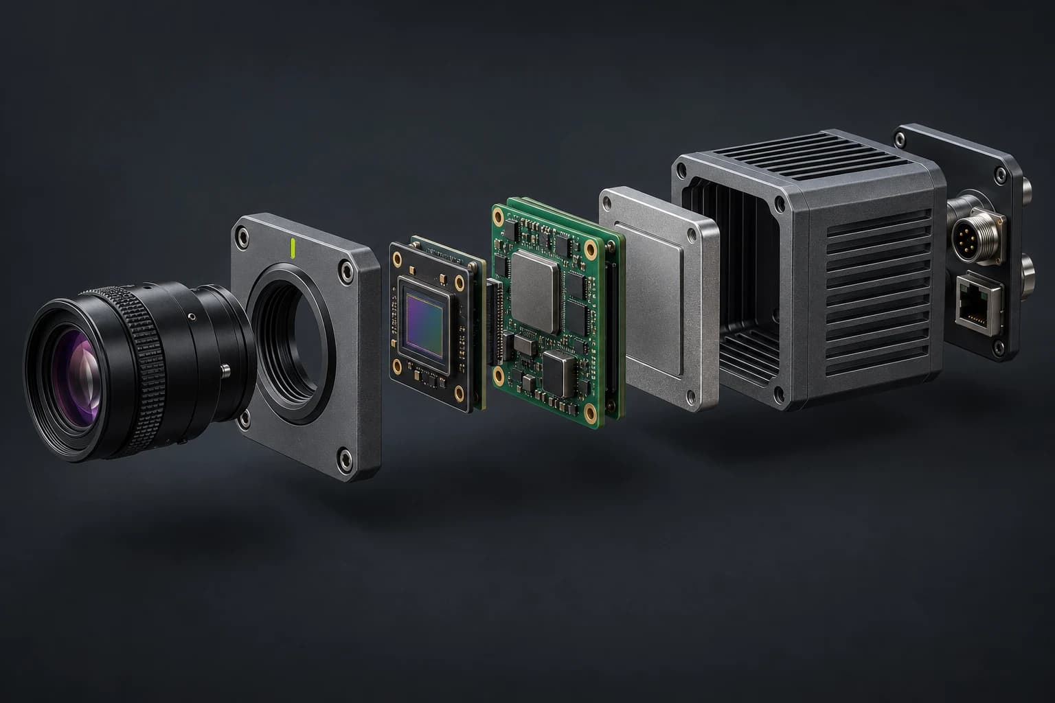 Exploded camera concept with lens, sensor board, compute carrier, thermal interface, and enclosure